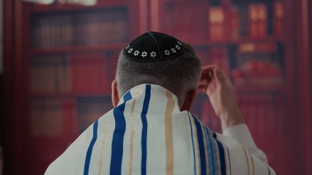 Men from the back, his head is covered by a traditional jewish kippah with blue and gold stripes and tassels. 