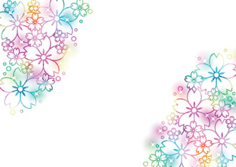 Obraz premium 桜線画、背景、イラスト、虹色、キラキラ、かわいい、横