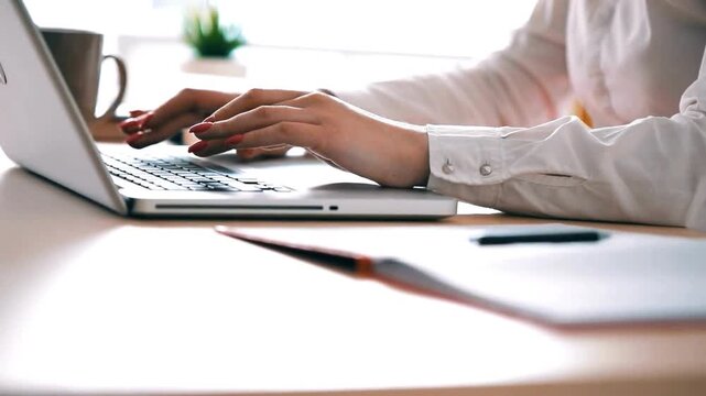 Man hands typing on keyboard of silver laptop performing work, filling out online forms or writing business letter. Close-up