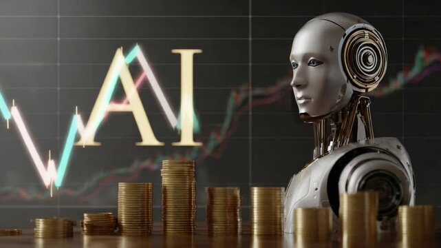 AI's financial foresight: A futuristic vision of artificial intelligence with a robot head stands before a graph illustrating financial trends, signifying the impact and potential of AI in finance.