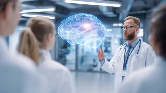 The Brain Unveiled: A doctor elucidates a futuristic brain model to a circle of medical professionals, illustrating the marvels of the human mind and its advanced scientific study.