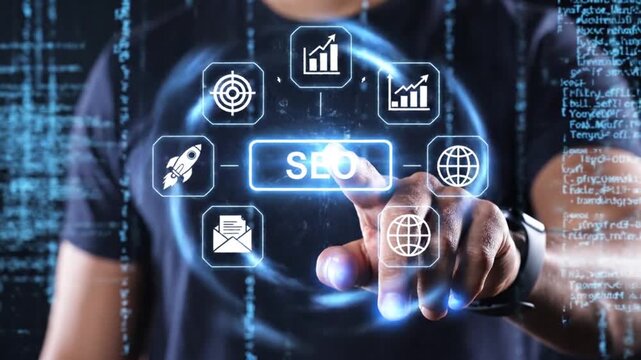 Digital interaction with seo concept icons and futuristic binary code data stream technology visualization for search engine optimization strategy.