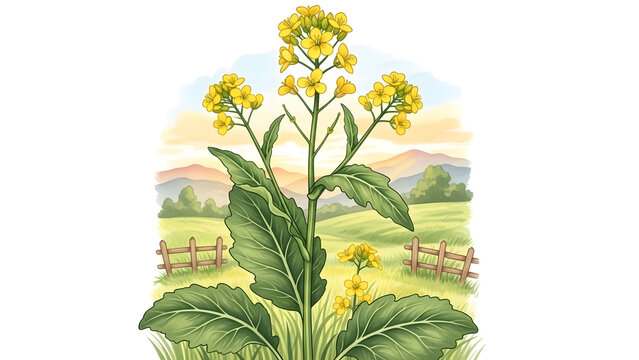Botanical illustration of a mustard plant with yellow flowers in a field with mountains in the background
