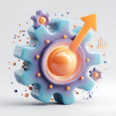Fototapeta premium A futuristic gear mechanism with an upward arrow and a bar chart in the background.