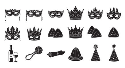 Fototapeta premium Collection of masquerade masks and party accessories isolated on transparent background