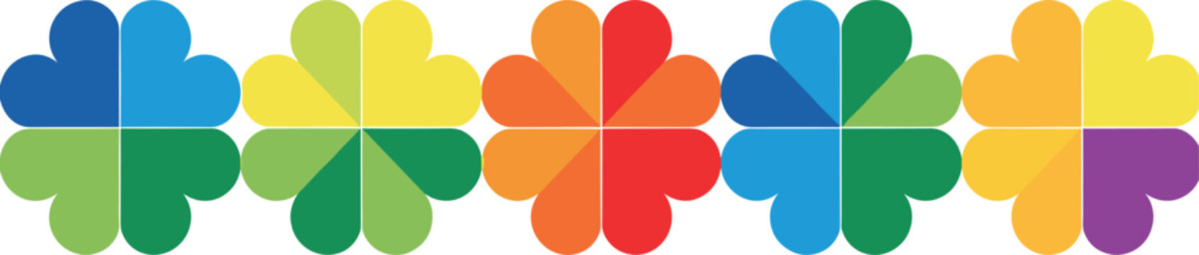 Colorful four leaf clover logo set, vibrant multi color flower icon collection, abstract nature symbol for community, unity, teamwork, and eco friendly design (24 words)