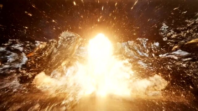 Dynamic explosion of golden chains breaking apart with sparkling particles