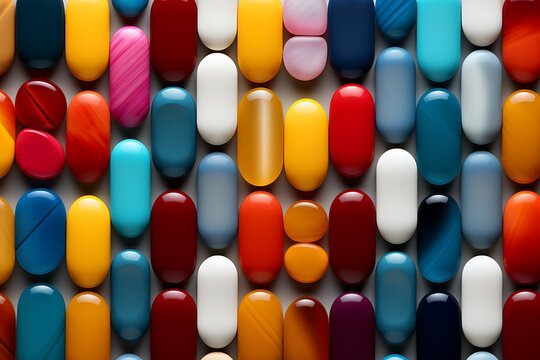 A vibrant and colorful array of variously shaped and sized pills and capsules.