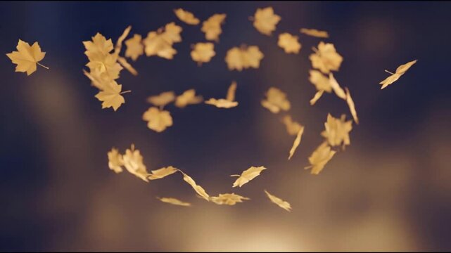 Golden maple leaves swirl in a circle against a dark blue and brown gradient background with one leaf in sharp focus
