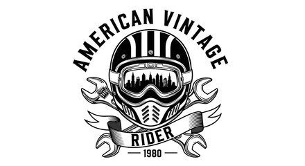 Obraz premium American Vintage Rider Logo Design. Retro Motorcycle Helmet, City Skyline Reflection, and Crossed Wrenches. Biker Culture Graphic 1980.