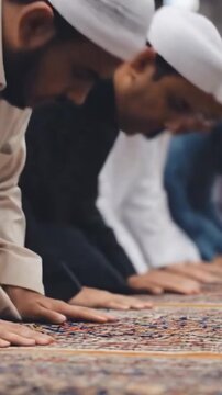 Muslim men praying in a mosque prostrated on the carpet and praying to Allah and chatning blessing and verses from Quran.
