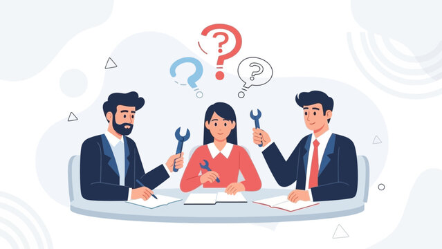Teamwork and problem-solving concept, business meeting with question marks and tools