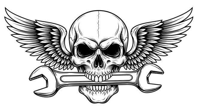 Biker Skull Emblem with Wings and Wrench Engraving. Vintage Mechanic Logo Vector Illustration in Black and White.