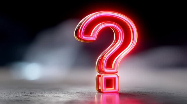 Neon question mark glows on a reflective tabletop. Red light outlines the symbol. Minimal frame for faq banners and customer support messaging. Clear copy space.