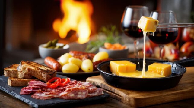 Cheese fondue pot on wooden board near fireplace. Melted cheese stretches from fork. Cured meats bread potatoes and red wine create cozy dining mood. Slow fire flicker behind with warm evening feel.