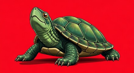 Obraz premium Green turtle ,red background 
