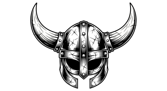 Vintage Distressed Viking Helmet with Horns - Monochrome Warrior Headgear Engraving Style Vector Illustration