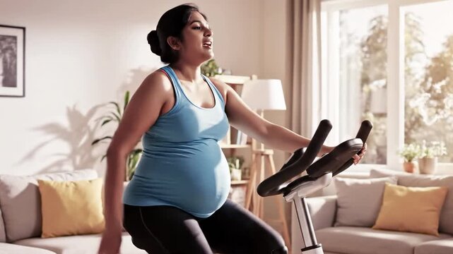 Young happy pregnant woman performs physical exercises in home gym and practicing yoga and pilates