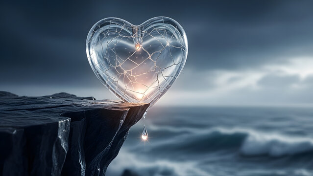 A fragile glass heart filled with cracks sits precariously on the edge of a dark rocky cliff overlooking a misty ocean with a single glowing tear falling from its base