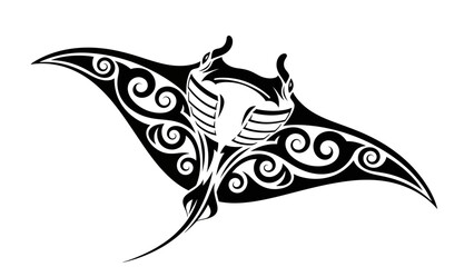 Black and white illustration of a stylized manta ray with tribal design elements.