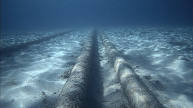 Thick, insulated underwater communication cables laid on the sandy seabed, enabling global internet connectivity