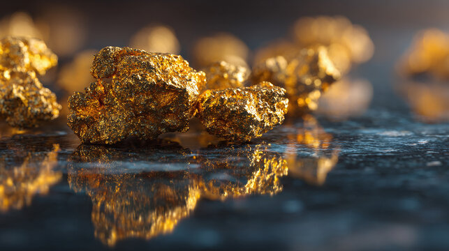 Golden nuggets of refined precious ore, exuding wealth and financial value. A close-up shot of several gold nuggets, with a shallow depth of field, resting on a reflective surface
