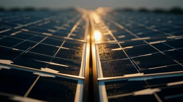 Close-up view of solar panels capturing sunlight, emphasizing renewable energy sources for sustainable environmental solutions and climate change mitigation