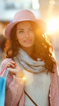 Happy young attractive woman with shopping bags in the shopping mall shopping for fashion clothes and brand name items