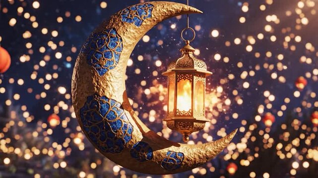 Golden crescent moon with ornate blue pattern and hanging lantern bokeh background