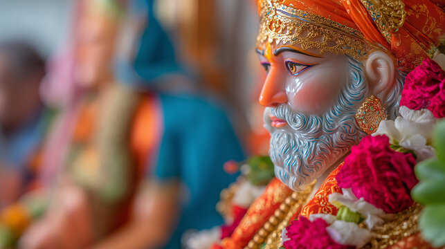 Cheti Chand, Side Profile of Jhulelal Statue Adorned with Flowers and Turban During Cheti Chand Sindhi Festival