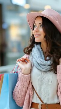 Happy young attractive woman with shopping bags in the shopping mall shopping for fashion clothes and brand name items