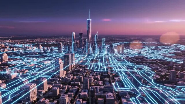 Smart technology interconnected city. Network connecting city services and internet of things. Concept of rapid growing technology and cloud services.