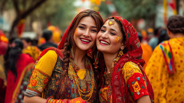 Cheti Chand, Two Sindhi women smiling and embracing during Cheti Chand Sindhi New Year celebration wearing colorful traditional attire