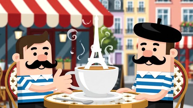 Two cartoon men enjoying coffee in Paris caf?
