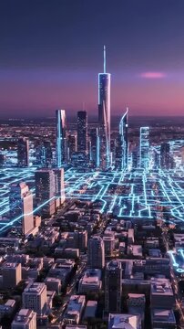 Smart technology interconnected city. Network connecting city services and internet of things. Concept of rapid growing technology and cloud services.