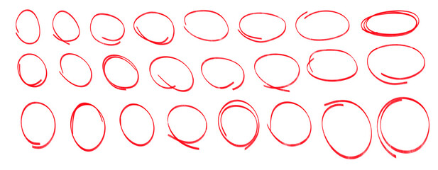 Set of hand-drawn red circles and ovals sketch outlines isolated on transparent background
