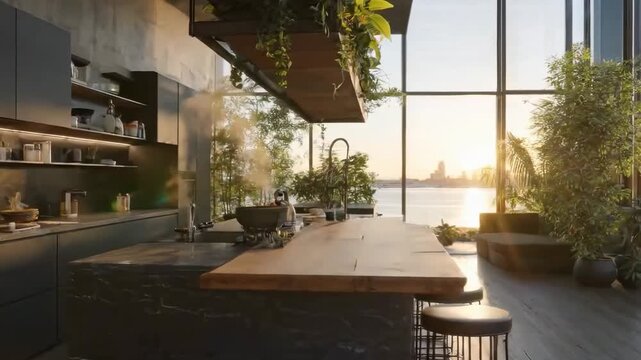 Luxury apartment in condo at sunset with scenic spacious open space kitchen and floor-to-ceiling windows with scenic view of the sunset ocean