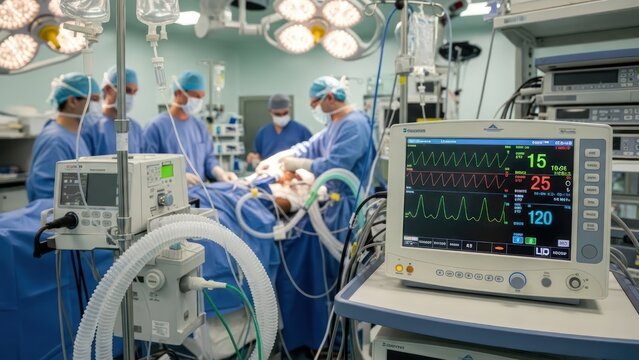 Medical professionals performing critical surgical operation with advanced monitoring equipment in