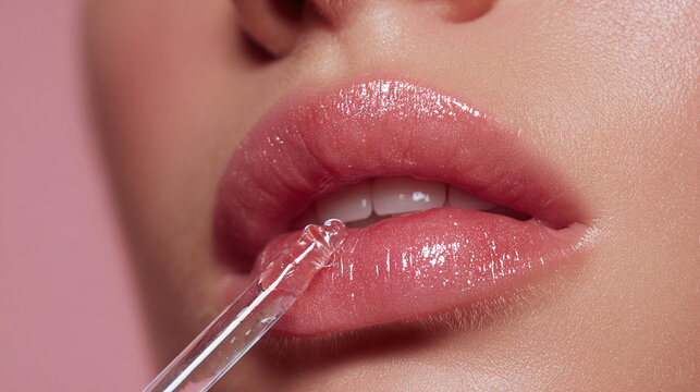 A close-up shot of a woman's lips, with lip gloss applied by dropper