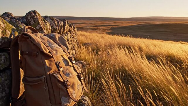 A lone weathered leather satchel rests on a mossy stone in golden hour light, revealing a worn open flap