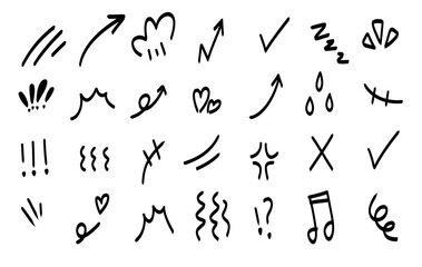 Fototapeta premium Hand drawn doodle icons set of arrows, symbols, signs, and music notes isolated on transparent background