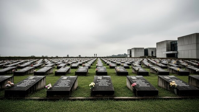 A somber scene: countless gravestones stretching towards the horizon in a peaceful resting place