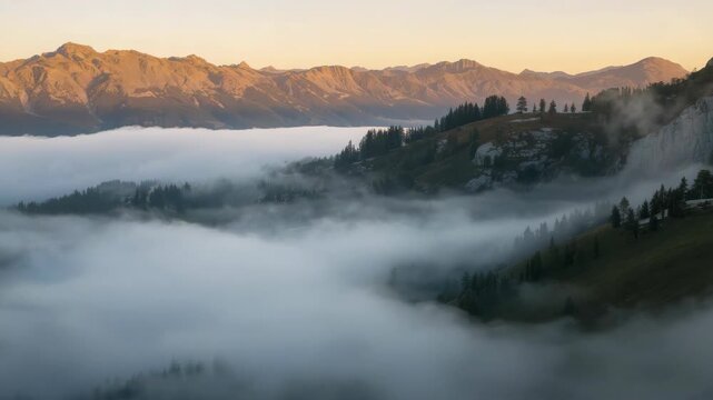 Misty mountain sunrise with golden peaks, cloud inversion and low fog filling valley peak ridge
