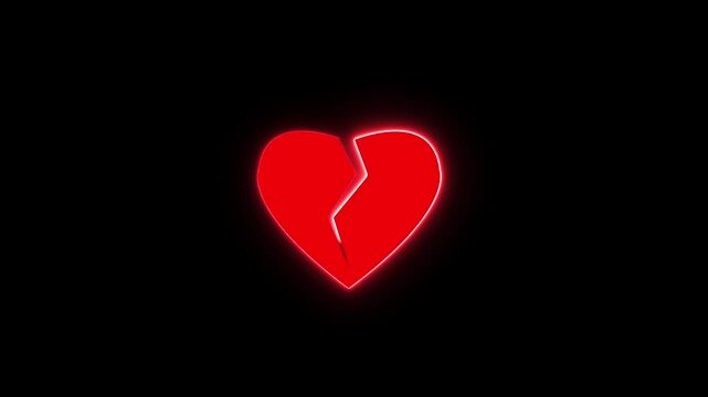 Animation Neon broken red heart icon black background 4k video.	