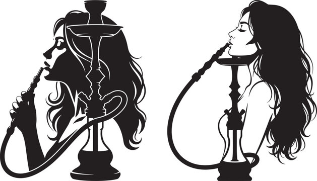 Black and white silhouettes of women smoking hookahs, one in profile and one from the front.