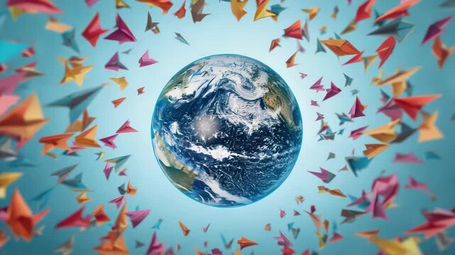 Vibrant earth with colorful paper plane origami motion, orbiting planet for global flight