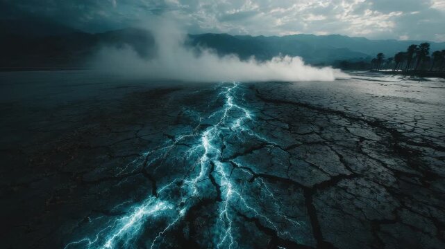 Electric blue lightning fissure splits cracked dry earth across misty coastal plain under stormy sky, dramatic atmospheric blue light and distant mountains evoke eerie cinematic tension