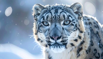Fototapeta premium A close-up of a snow leopard, face in sharp focus, soft blurred background with natural bokeh, cold natural lighting, highly detailed fur, realistic, high resolution.