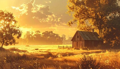 Serene countryside landscape with a small cottage, trees, and a firefly at sunset