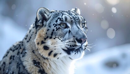 Obraz premium A close-up of a snow leopard, face in sharp focus, soft blurred background with natural bokeh, cold natural lighting, highly detailed fur, realistic, high resolution.